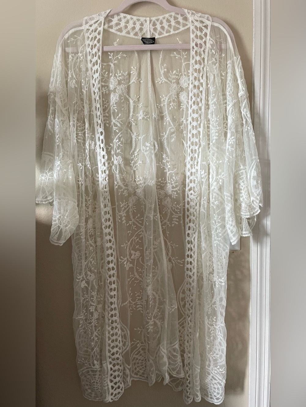 White Lace Embroidered Crochet Trim Cardigan 2X Sheer Boho Festival Swim Coverup